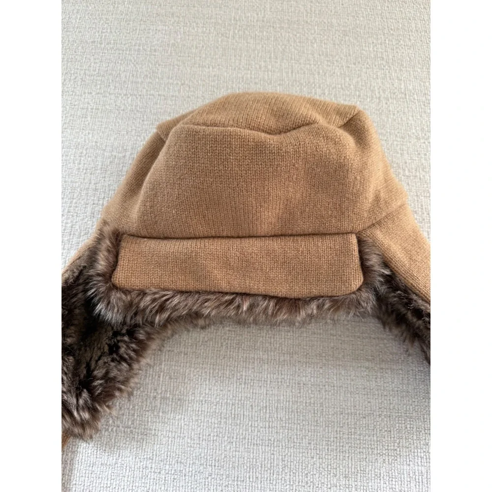 J Crew Wool Blend Faux Fur Lined Flap Trapper Winter Hat Tan Brown Gorpecore